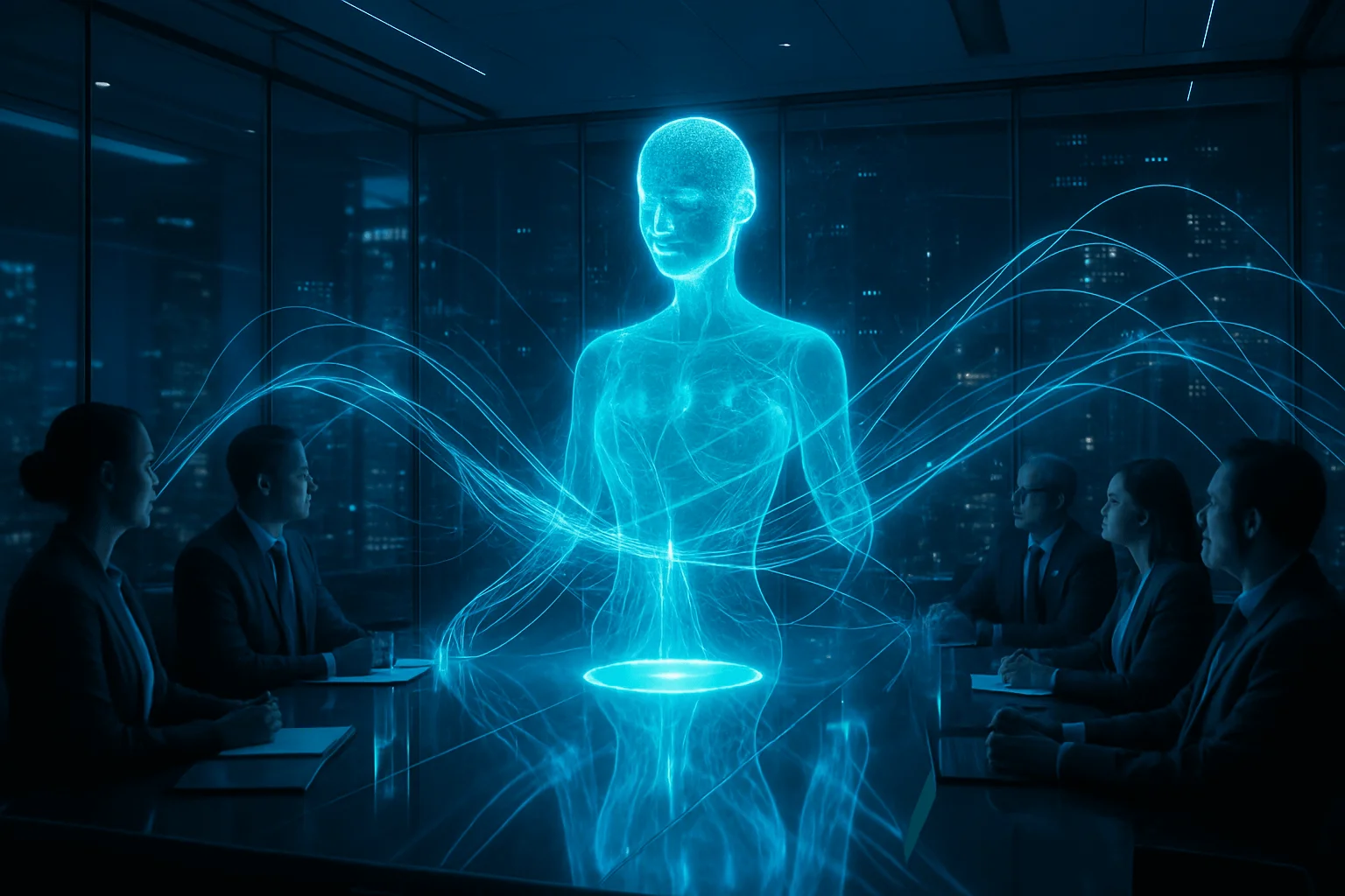 Futuristic glass boardroom where a glowing AI hologram weaves dynamic data threads around attentive executives