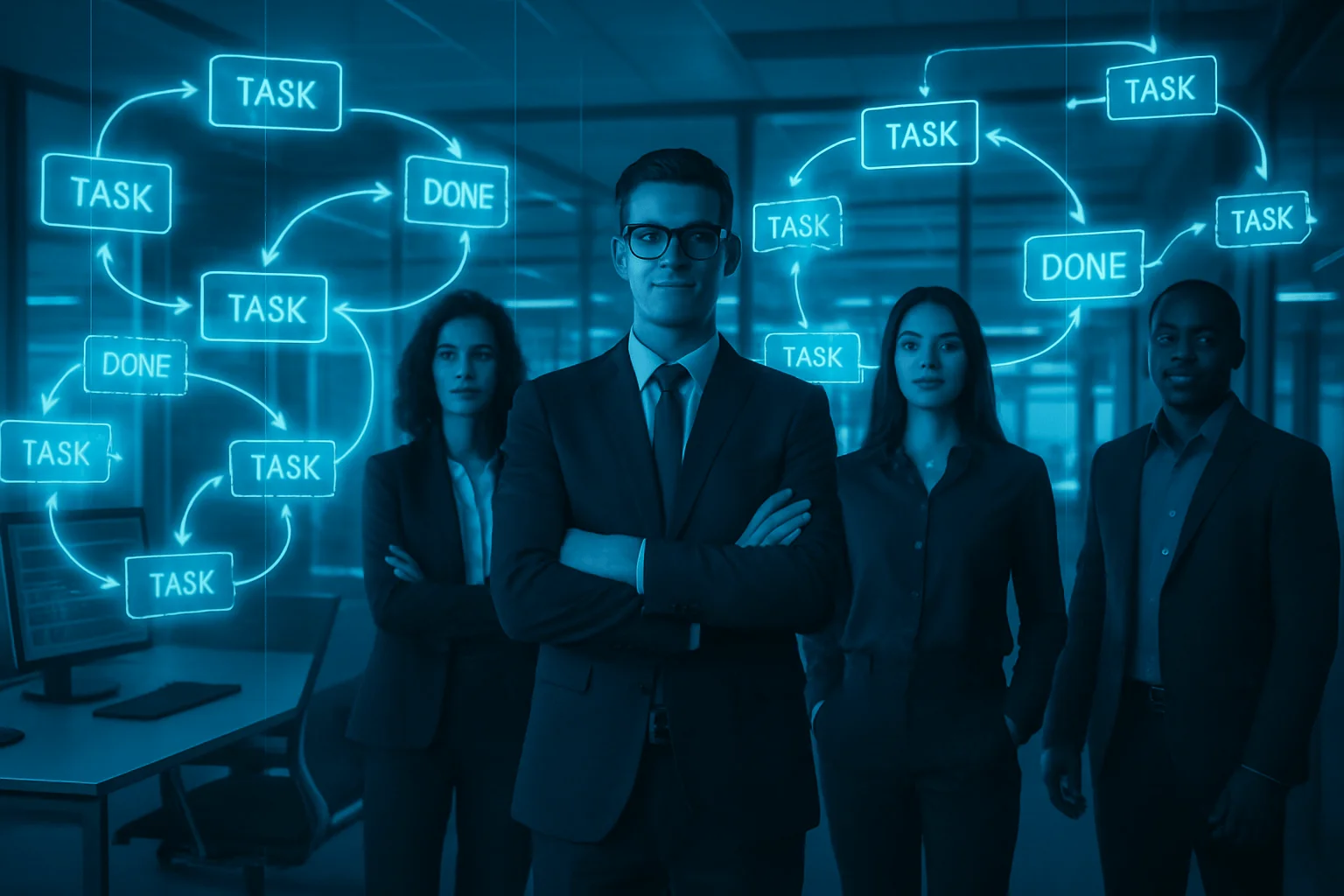 Futuristic office with transparent holographic task flows orbiting a confident team, bathed in cool neon-blue light