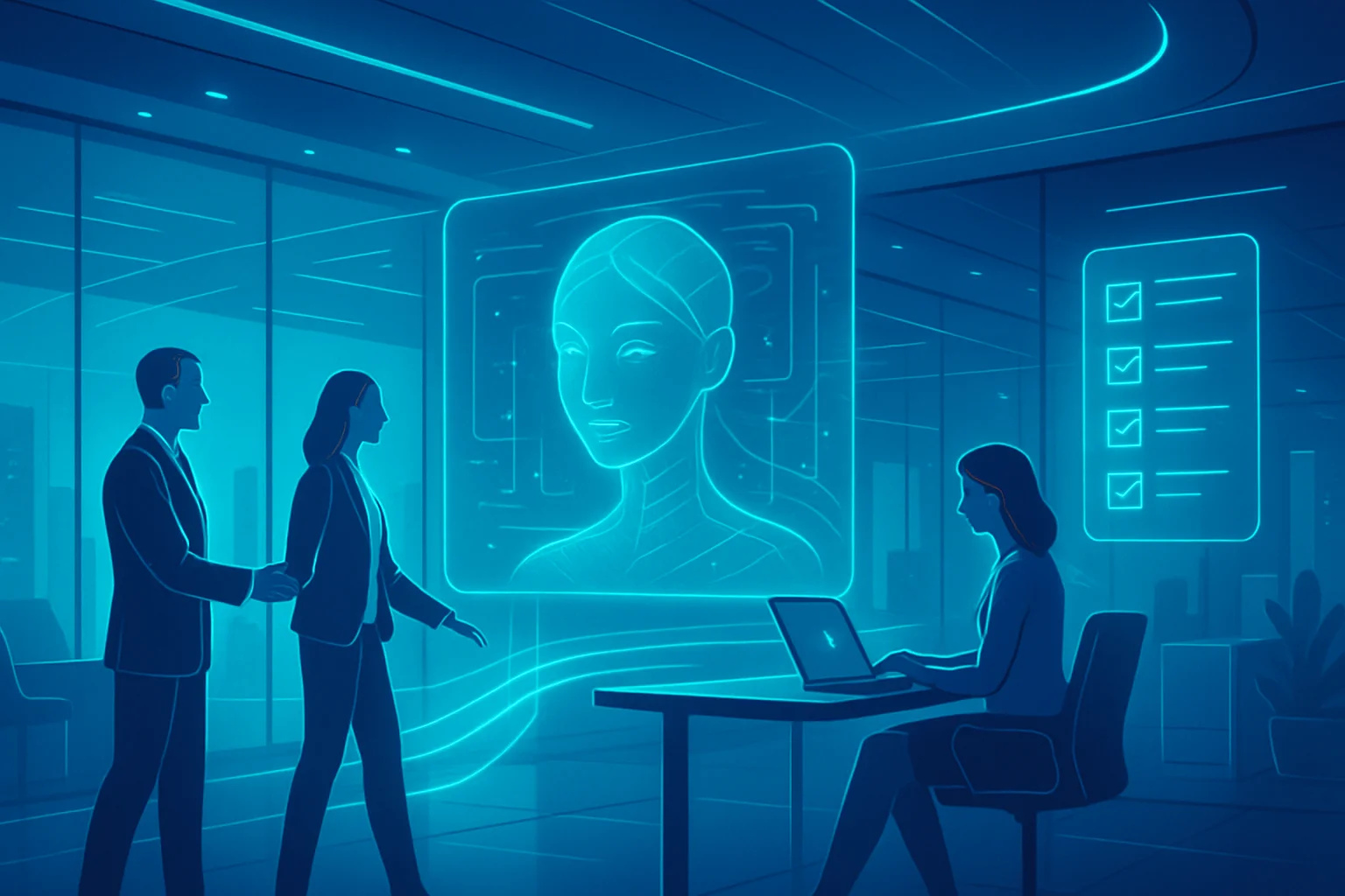 Futuristic office, glowing AI interface guiding clients, seamless workflow streams, subtle holographic checklists hover mid-air.