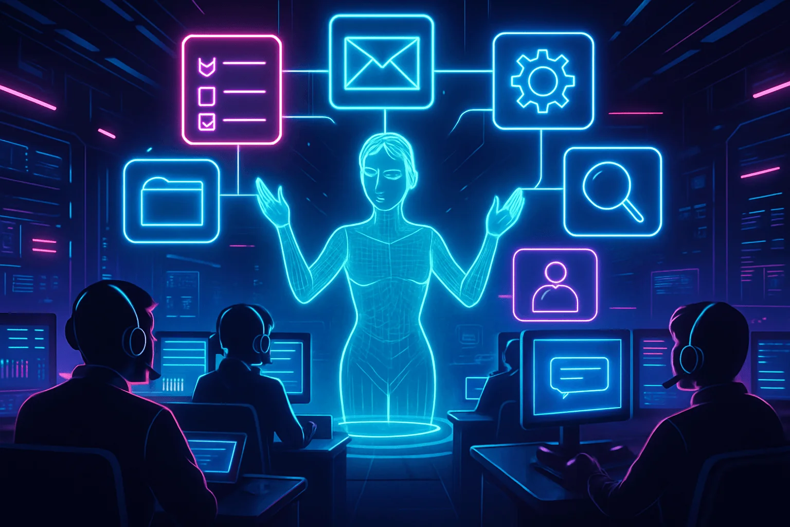Futuristic neon-lit control room where an AI hologram swiftly organizes glowing workflow icons above support agents' desks