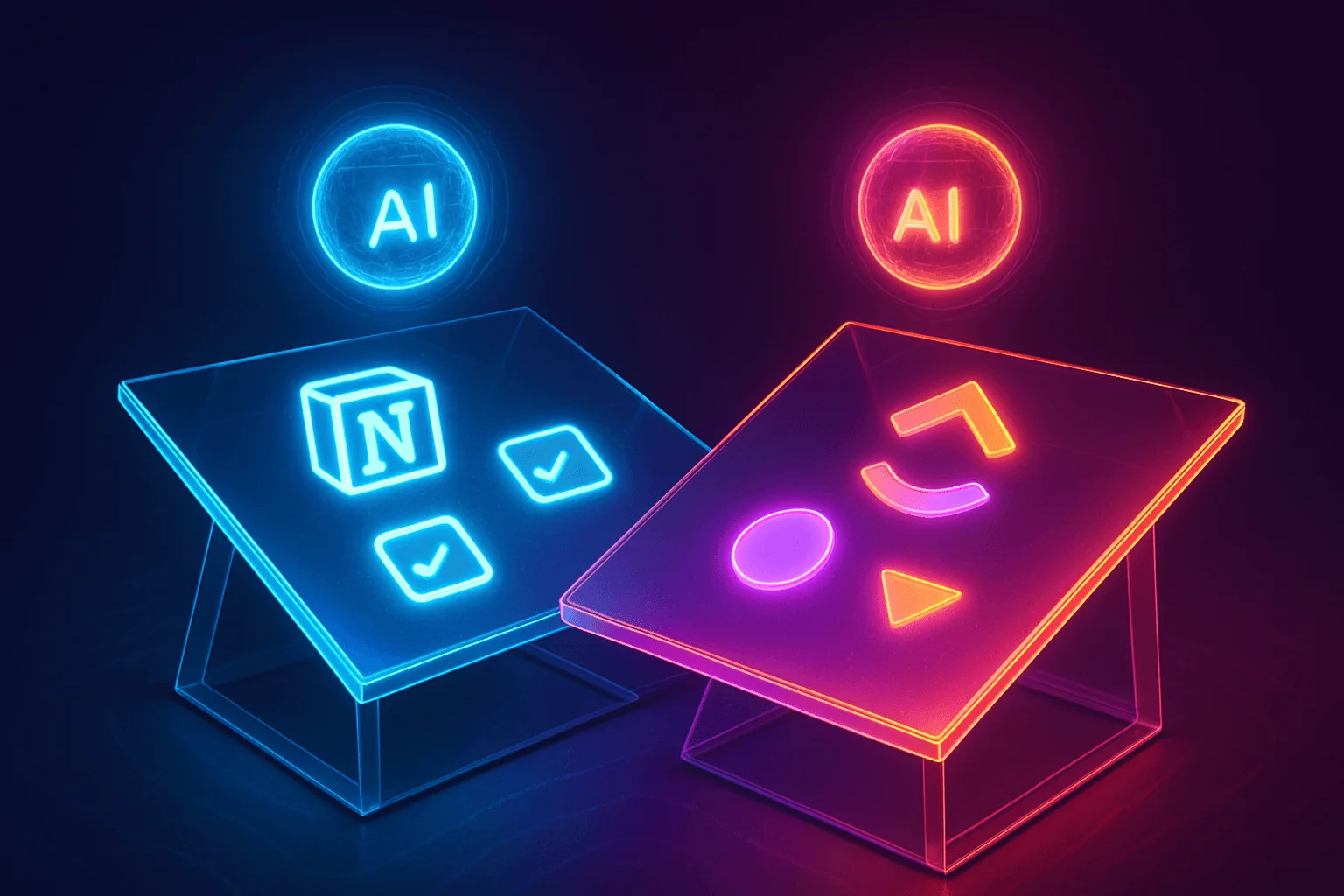 Futuristic glass desks split diagonally, one side neon-lit with Notion icons, the other vibrant with ClickUp shapes, glowing AI cores floating above