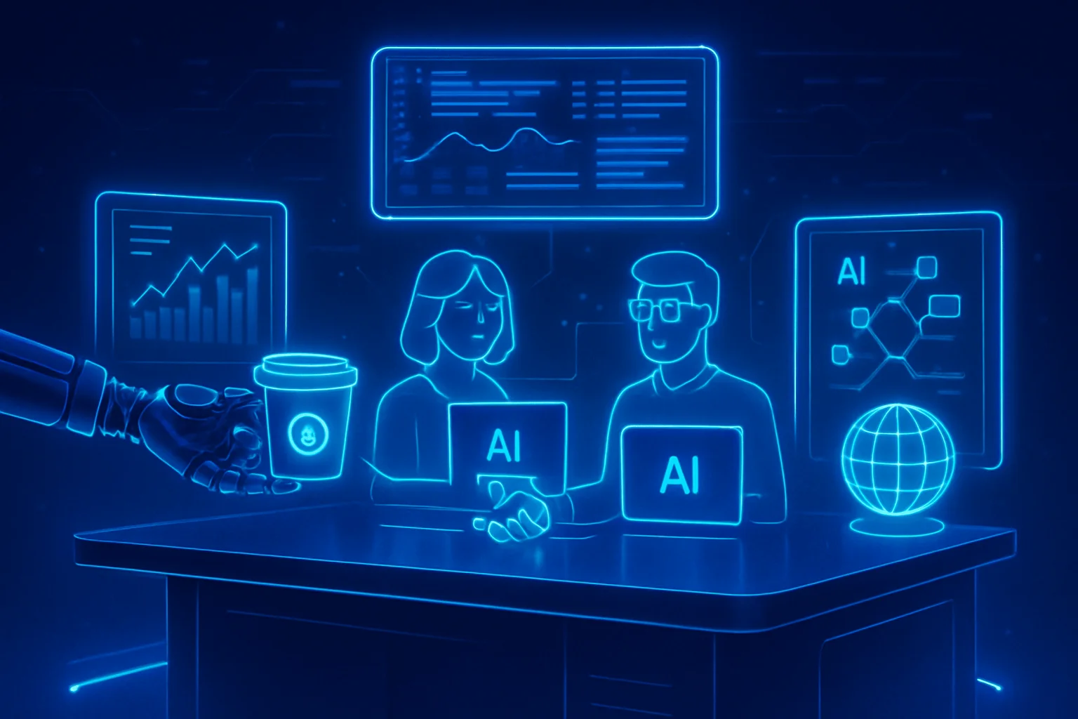 Futuristic desk with holographic UI panels, AI avatars collaborating, neon-blue lights, and a robotic hand passing a digital coffee cup