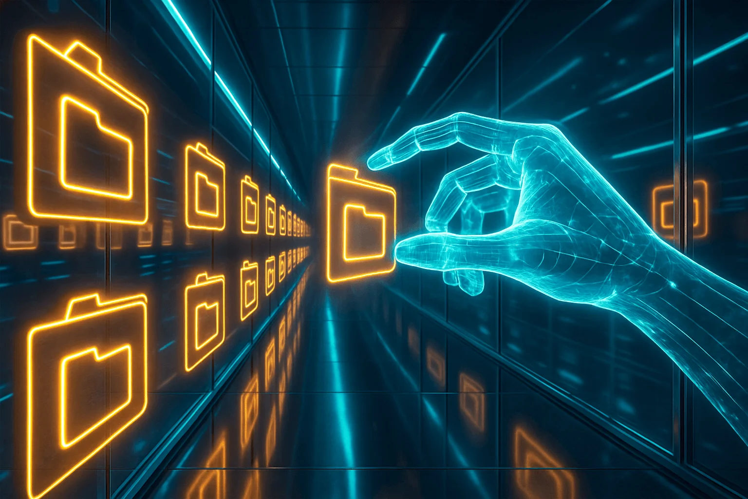 Futuristic glass corridor lined with glowing digital folders, a translucent AI hand sorting them, reflected in polished steel floors