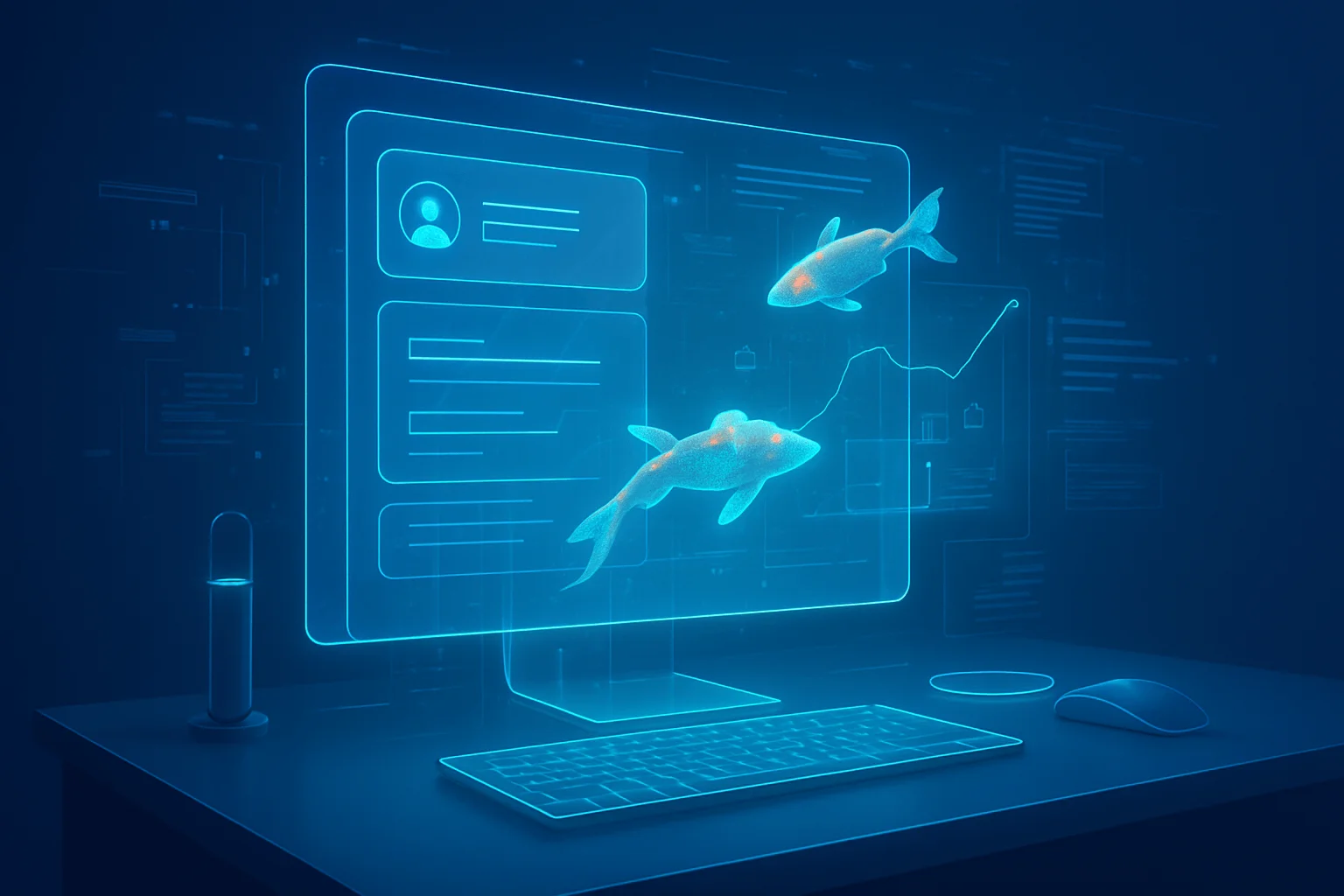 Futuristic desk with holographic forms auto-filling above a translucent screen, ambient cool blue light, digital koi fish swimming through data