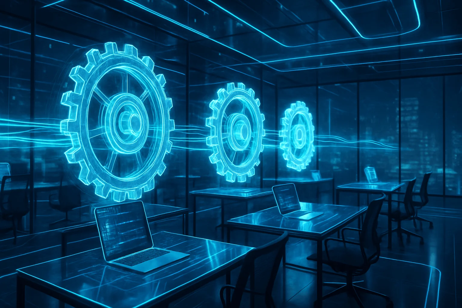 Futuristic glass office with transparent holographic gears spinning above desks, neon data streams tracing every movement