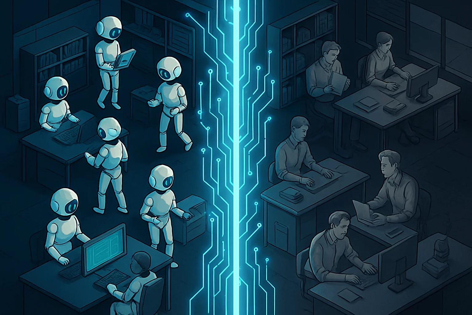 Futuristic isometric office split by a glowing circuit barrier, one side bustling with AI bots, the other frozen mid-task