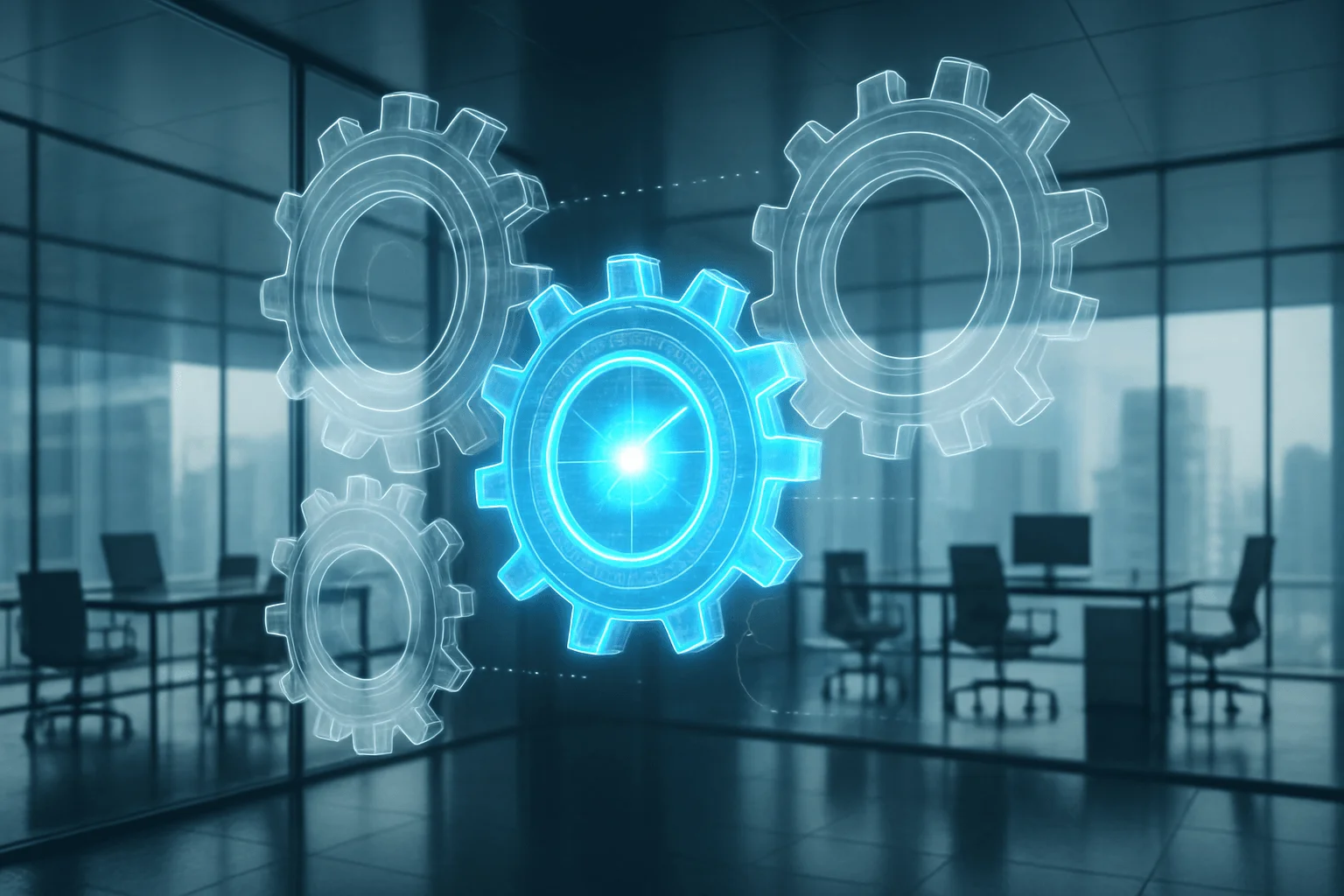 Futuristic glass office with holographic gears suspended mid-air, one gear glowing blue to show precision amidst harmony