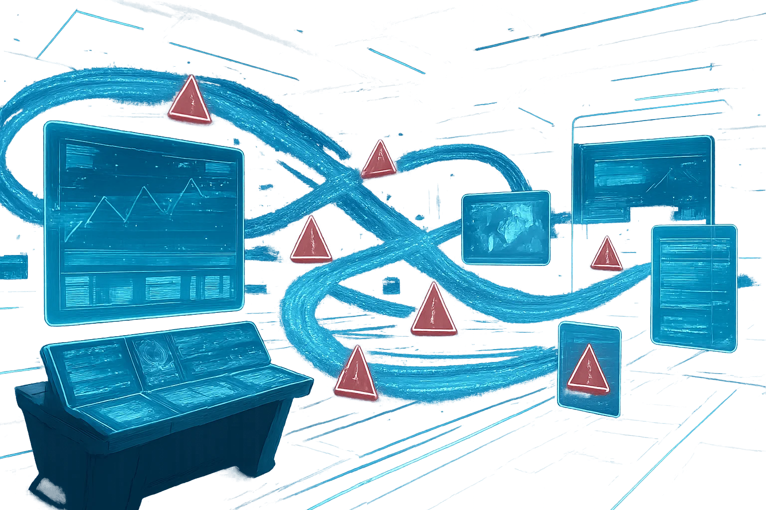 Futuristic control room with glowing data streams dodging red hazard markers, crisp blue-white palette, transparent floating panels