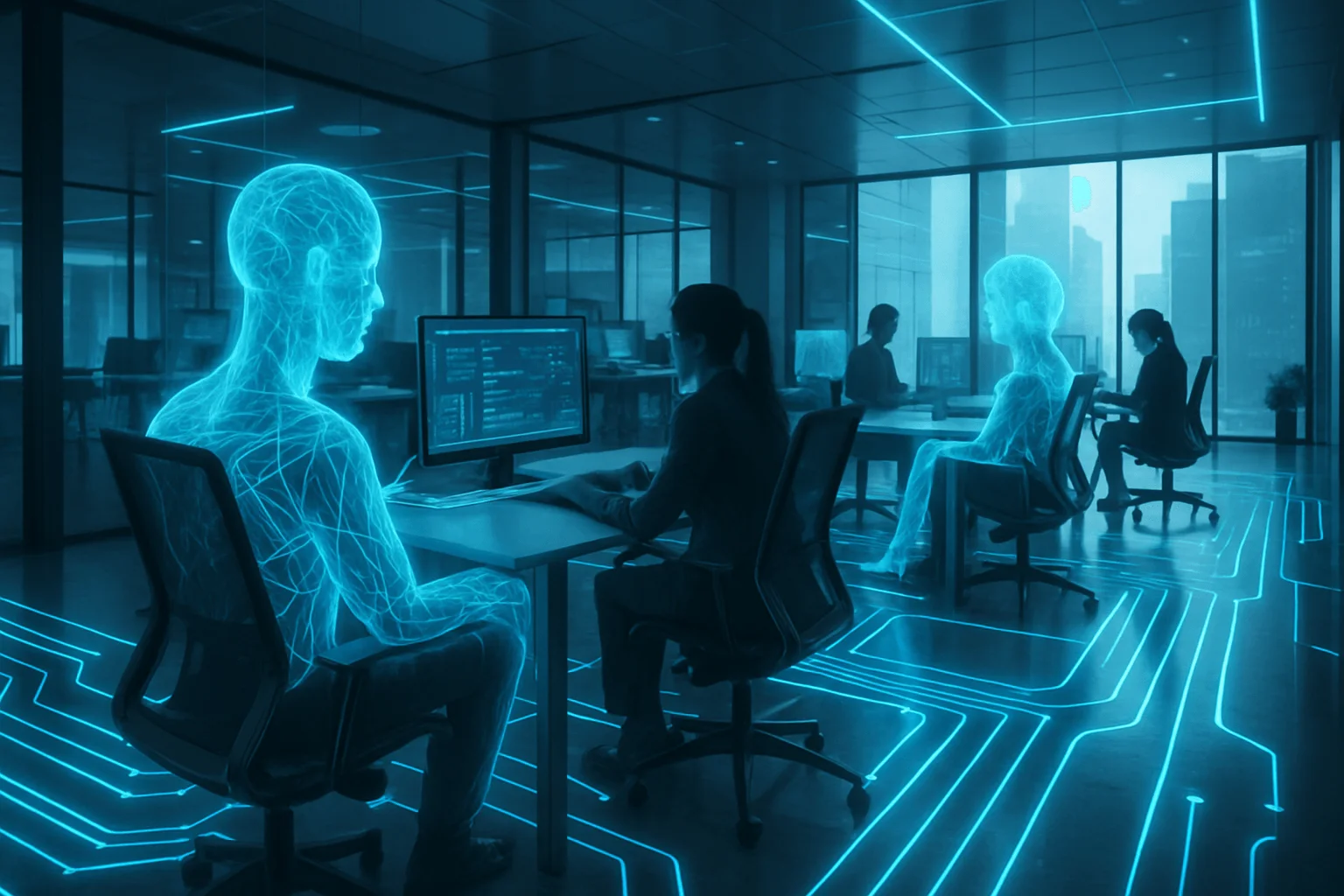 Futuristic office with transparent AI holograms linking workers' desks, circuits pulsing through the floor in neon blue