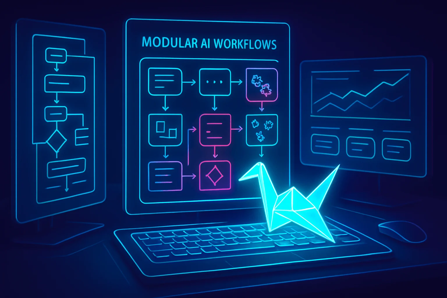 Futuristic desk with translucent neon screens displaying modular AI workflows, a glowing origami crane perched atop a keyboard