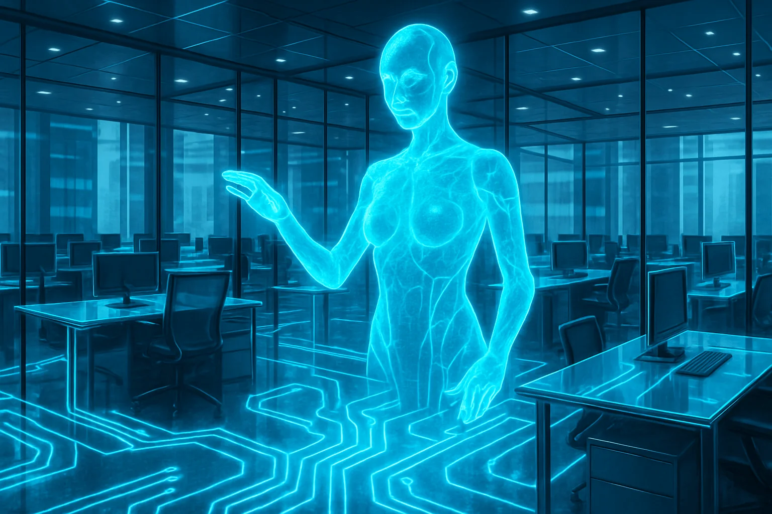 Futuristic glass office with glowing circuit pathways weaving through desks, a translucent AI hologram orchestrating workflow