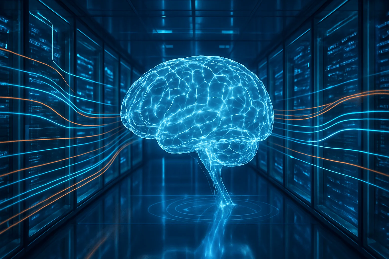 Futuristic glass server room with luminous data streams weaving into a transparent AI brain glowing with network patterns