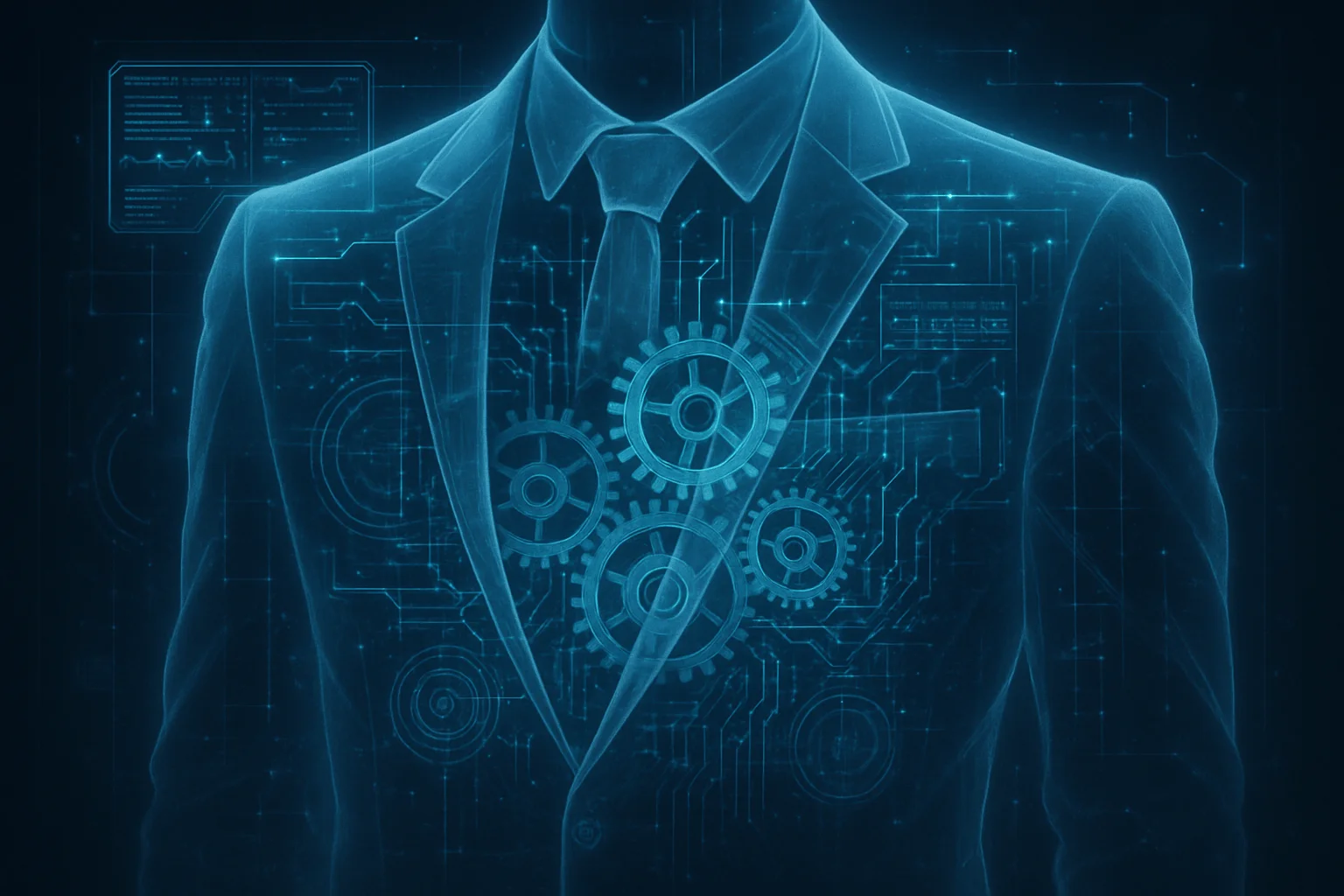 Futuristic x-ray interface reveals layered gears and circuitry inside a translucent business suit, ambient cool glow, holographic readouts
