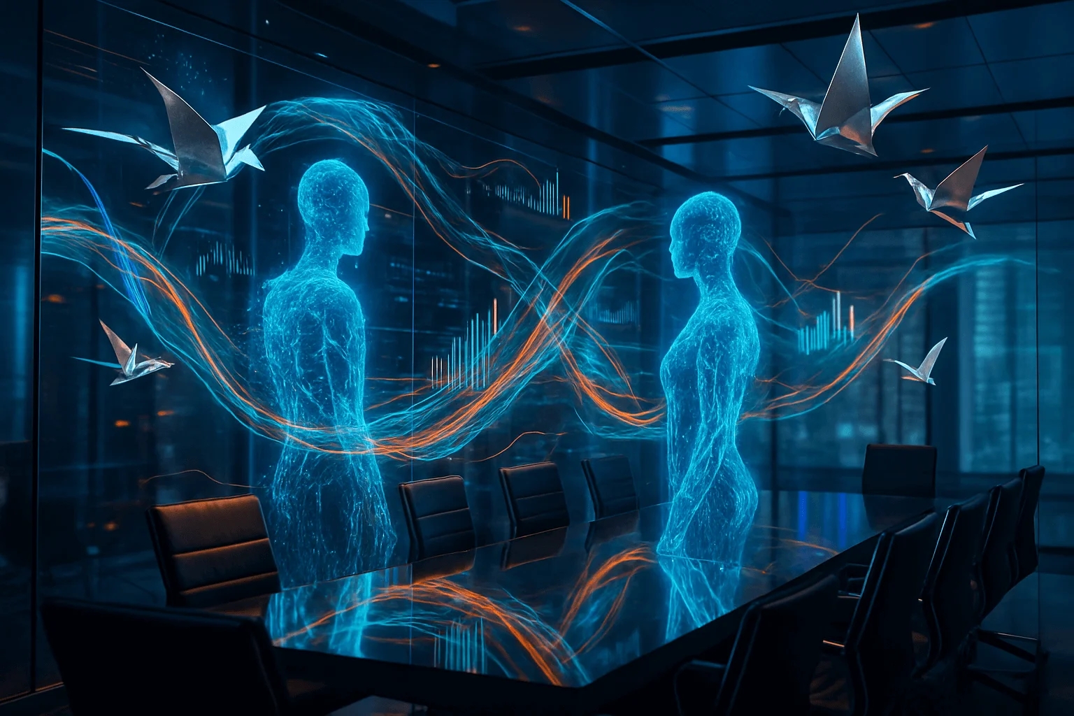 Futuristic glass boardroom, AI holograms intertwining with vivid data streams, silver origami birds soaring amidst the tech