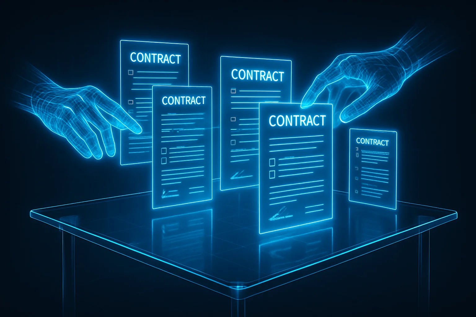 Futuristic glass table with glowing digital contracts floating above, sleek AI hologram hands organizing them in pulsating blue light