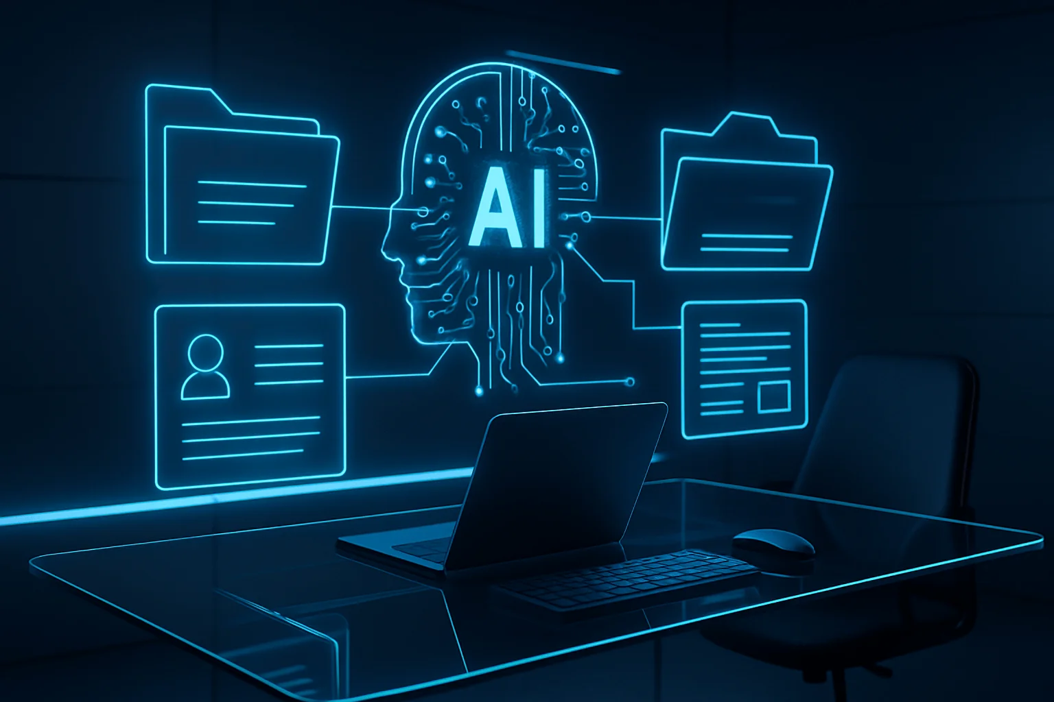 Futuristic sleek workspace where glowing AI holograms seamlessly assemble client files above a transparent glass desk