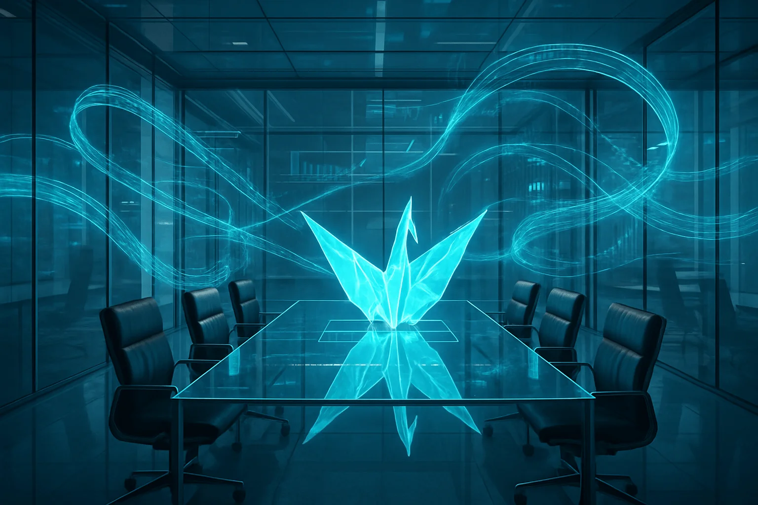 Futuristic glass boardroom with translucent data streams weaving around a luminous origami crane centerpiece