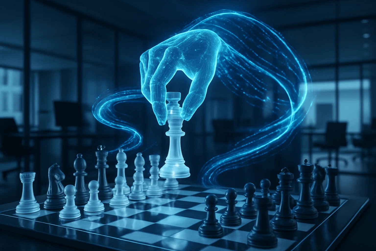 Futuristic glass chessboard in a sleek office, AI hologram arm moving a translucent queen, glowing data streams swirl around