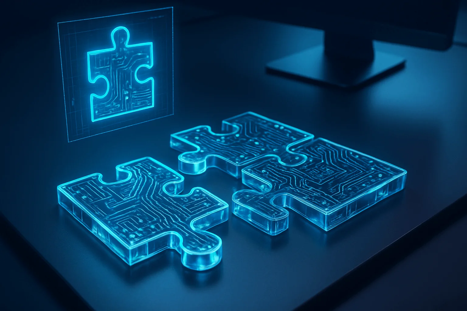 Futuristic glass puzzle pieces merging with circuit boards on a sleek desk, a hologram blueprint hovers midair, cool blue tones