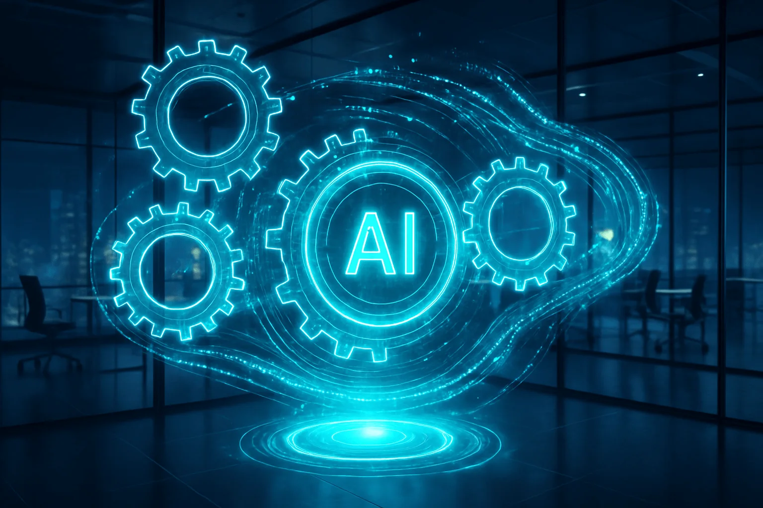 Futuristic glass office with floating holographic gears seamlessly integrating glowing data streams around a central AI core