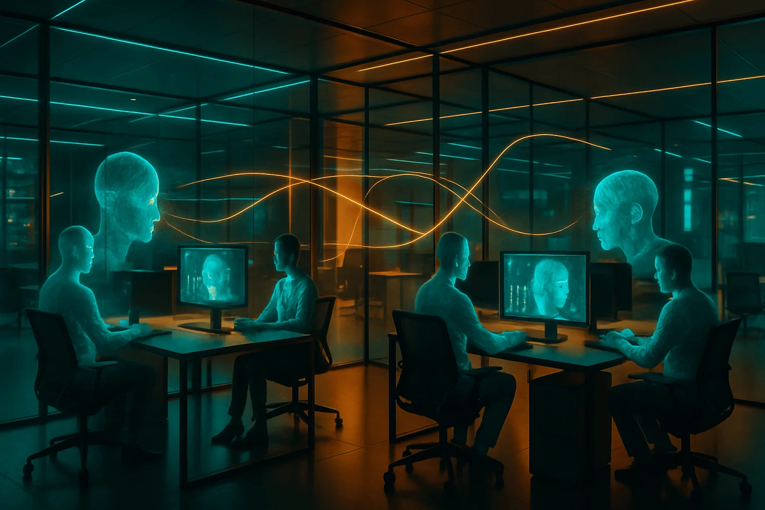 Futuristic glass office with AI holograms threading gold lines between staff desks; vibrant teal and amber lighting