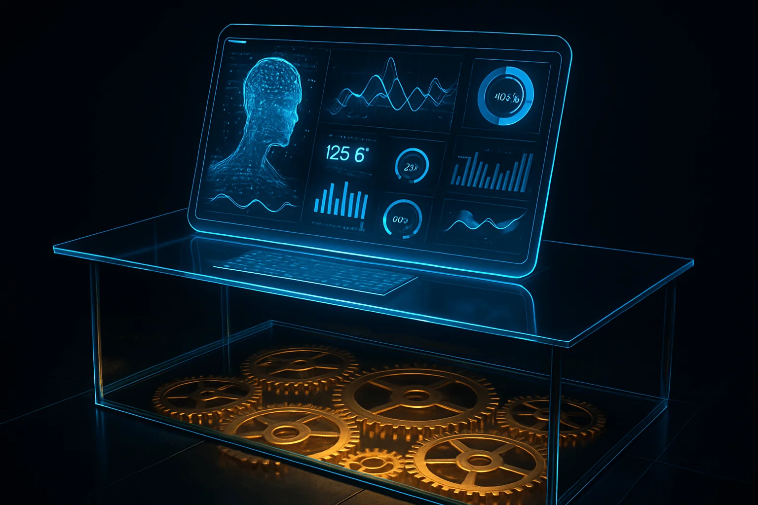 Futuristic dashboard glows atop a glass desk, AI-generated data streams weaving into golden gears beneath transparent floor