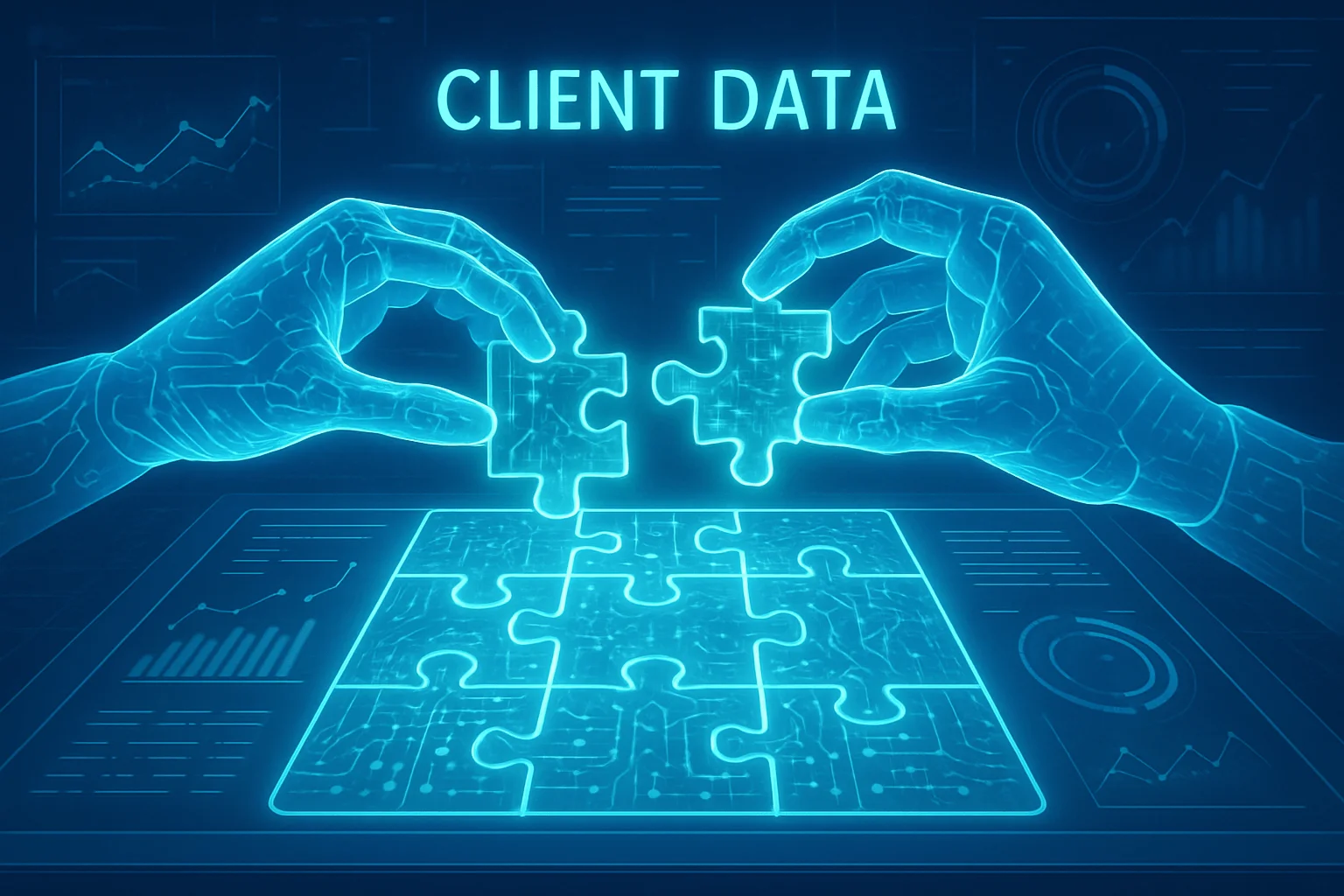 Futuristic digital desk with translucent AI hands assembling glowing client data streams into a seamless, intricate puzzle