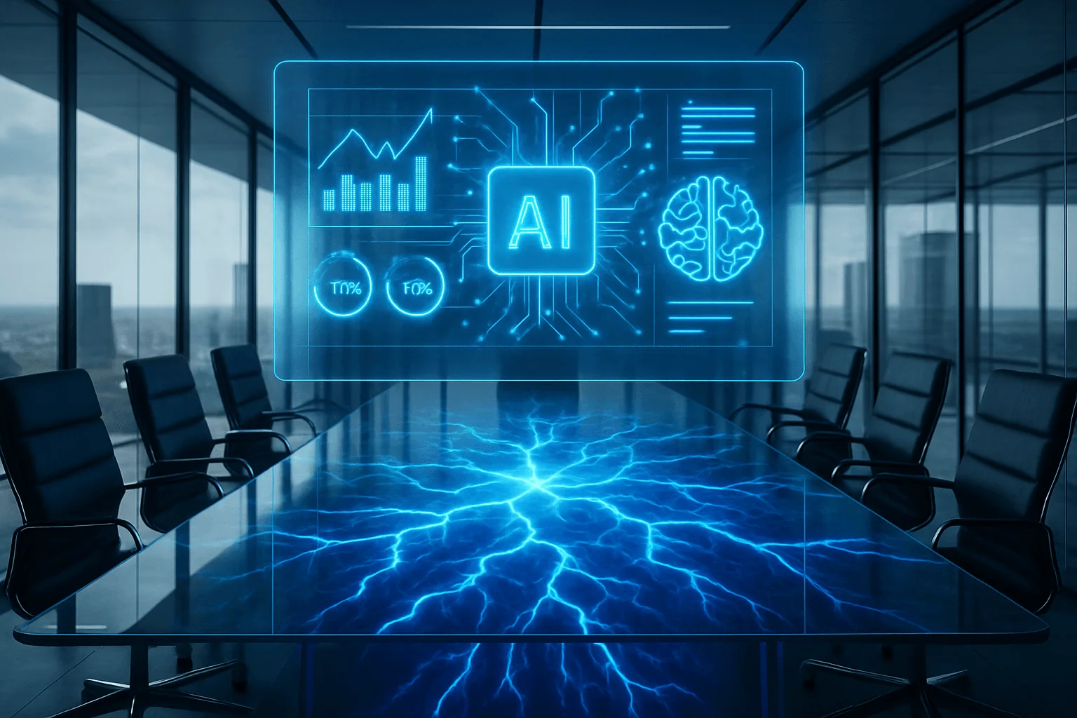 Futuristic glass boardroom with a translucent AI dashboard hovering mid-air, vivid blue neural patterns pulse beneath the table